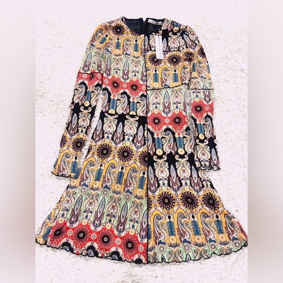 NWT Alice Olivia Delora Patchwork Printed Long-Sleeve Mini Dress